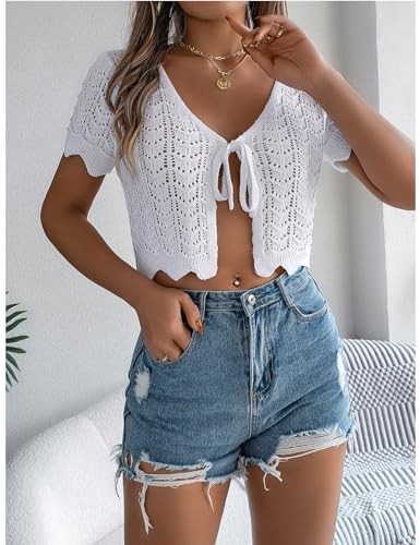 Perbai Womens Summer Crochet Cardigan Jacket Short Sleeve Tie Front Cropped Bolero Shrug for Dress4
