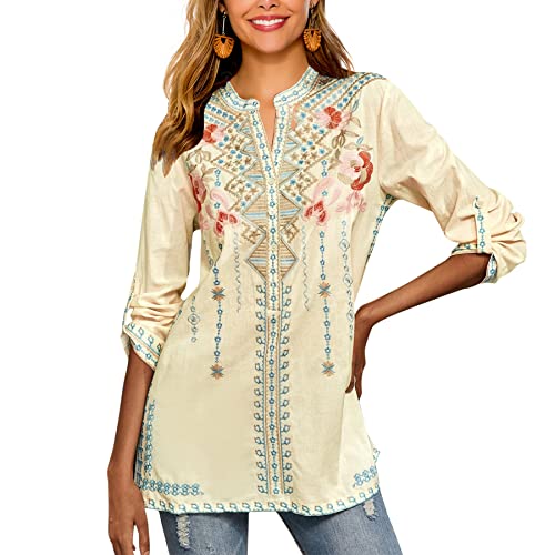 LauraKlein Mexican Shirts for Women Summer Casual Embroidered Tops Ladies Button Down Tops Peasant Tunic Loose Blouse