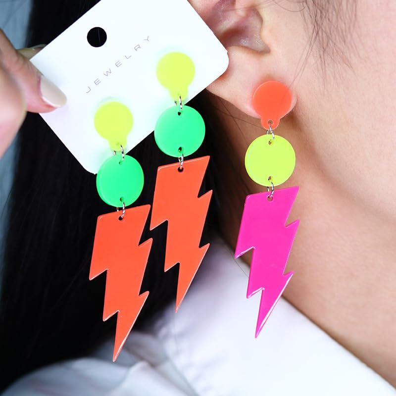 80s Neon Earrings for Women Colorful Lightning Acrylic Drop Earrings Retro Geometric Thunder Flash Lightning Drop Earrings for 80's Outfit Glow Party Accessories3