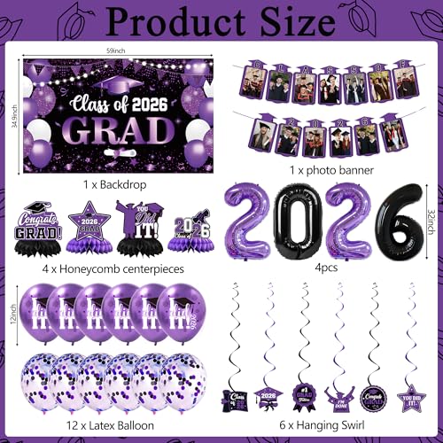 Image of Holkcog 2026 Graduation Decorations, Purple Themed Class of 2026 Congrats Graduation Backdrop, Balloons, Honeycomb ornament for Graduation Party Decorations, Outdoor Indoor Grad Party Decor Supply
