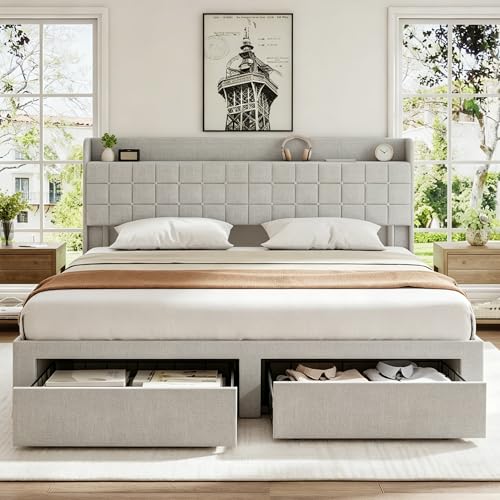 Image of King Size Storage Bed Frame, Square Tufted Headboard, Platform Bed with 2 Underbed Drawers at Foot, Wooden Slats Support, No Box Spring Needed, Light Gray