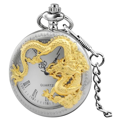 Image of Dragon Design Quartz Pocket Watch Roman Numerals with Chain Birthdays Gifts for Father's Days