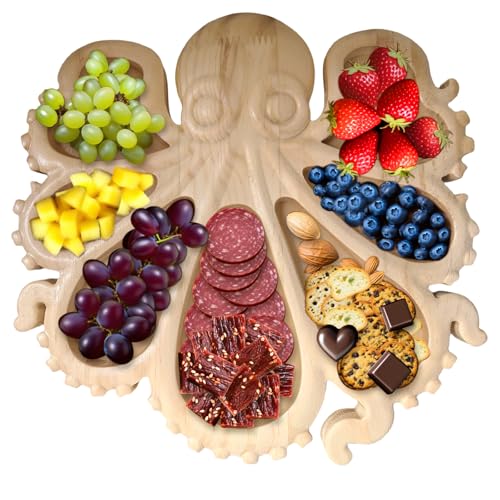 vuicci Octopus Charcuterie Board -Ocean Theme Serving Tray for Cheese, Meats & Fruits, Kraken Design Wood Platter Gift for Seafood Lovers (A)