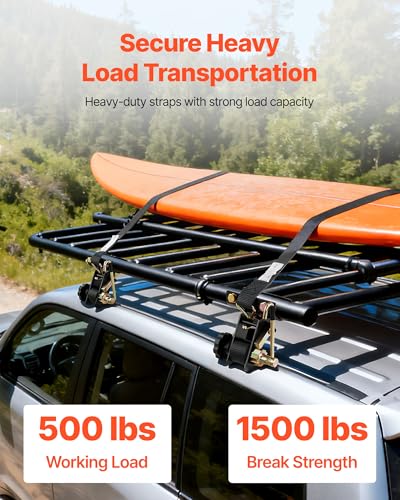 Image of VEVOR Ladder Rack Ratchet Straps, 2'' Black Round Tube Mount, 1.5'' Wide x 7.5' Long Black Ladder Rack Straps with Double J-Hooks, 500 lbs Load Heavy Duty, Cargo Buckle Lock Strap (4 Pack)