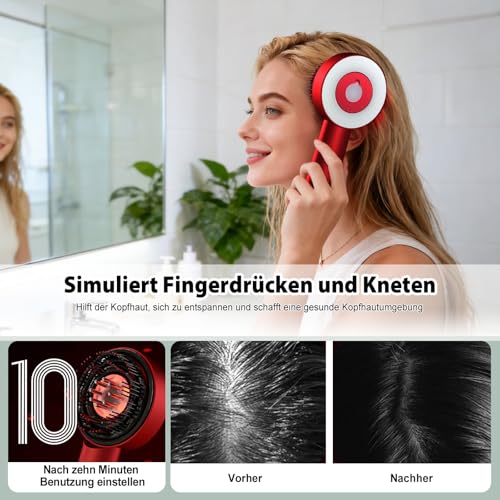 3-in-1 Rotlicht Haarbürste Elektrisch Kopfmassagegerät mit 6ML Haaröl Applikator, Kopfhautmassage mit Rotlicht/Blaulicht/Mischlicht, IPX7 Wasserdicht