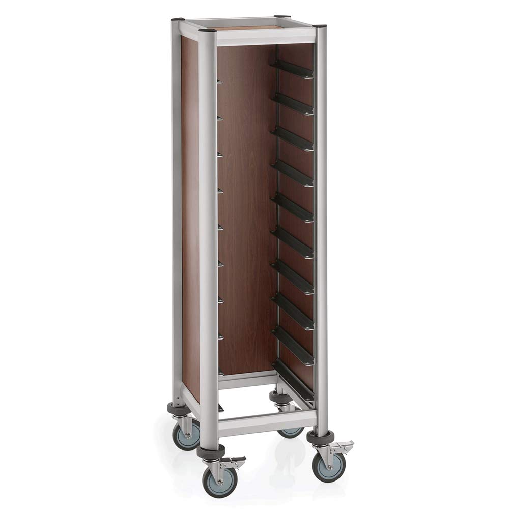 WAS 1955 452 Alu-Profile mit MDF-Seitenteilen Tablettwagen für 10 Tabletts 45.5cm x 35.5cm, 4 Schwenkbare Rollen, Holzoptik, 51.5cm Länge, 47.5cm Breite, 165cm Höhe