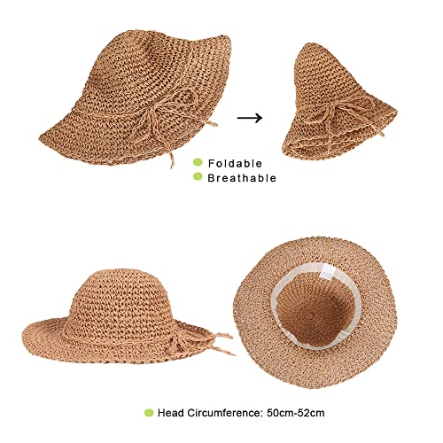 Kids Summer Straw Hat Handmade Bowknot Beach Sun Protection Hats for Girls Khaki3