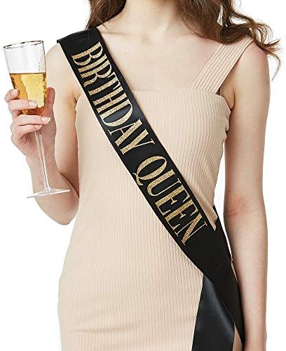"Birthday Queen" Sash - Birthday Party Gifts Birthday Sash for Women Fun Party Favors (Black/Gold)