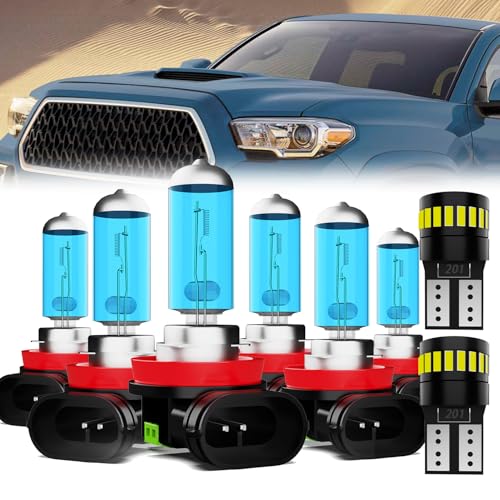 Image of Headlight Bulbs License Plate Lights Fit For Toyota Tacoma 2016-2019, H11 High Beam + H11 Low Beam + H11 Fog Lights Halogen Light Bulb + License Plate Lights, 6000K White, Pack of 8