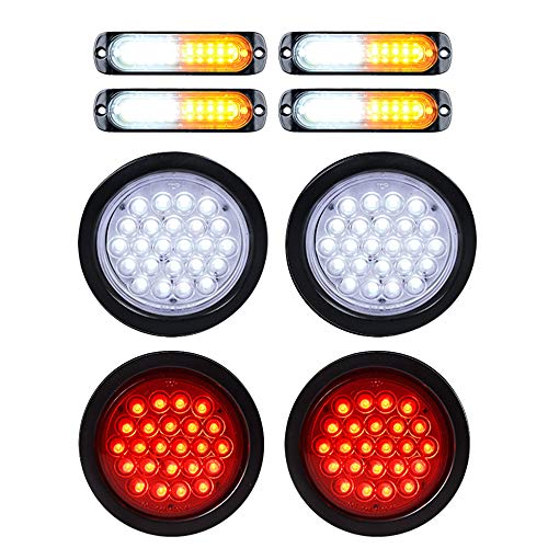 Astra Depot 4pcs Amber White 10-LED Warning Emergency Flashing Strobe Light Bar and 4X (2X RED Brake Stop Running + 2X White Back-up Reverse) 4