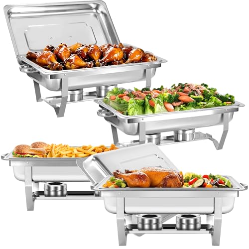 Jwevvie 9Qt Chafing Dishes for Buffet with Folding Handle, Roll Edge Designed Chafing Dish Buffet Set, Chafers and Buffet Warmers Set for Party, Silver, 4 Pack