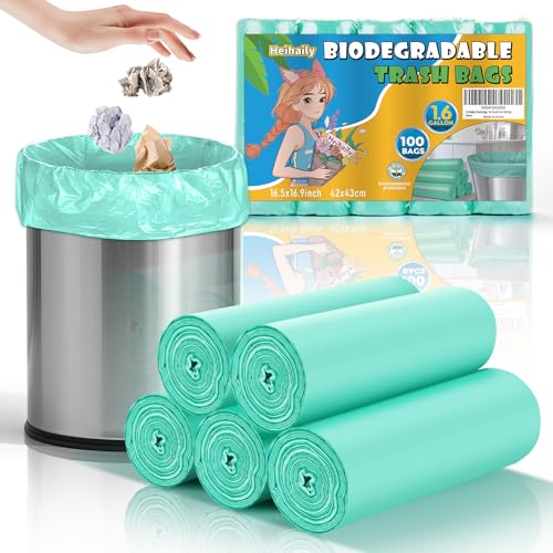 Bolsas de basura biodegradables de 1.6 galones para baño, 100 unidades, sin olor, color verde transparente, desechables, fuertes, gruesas, para latas pequeñas Heihaily