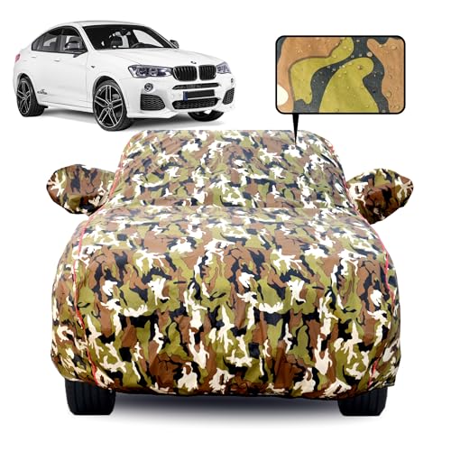 Image of Waterproof Car Body Cover for BMW X4 with Mirror Pocket, Soft Cotton Lining, Triple Stitched, Full Bottom Elastic (Heat Resistant Jungle Print with Red Piping)
