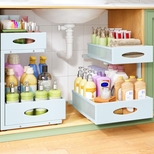 Image of Under Sink Organizer, 1-Pack Pull Out Cabinet Organizer 2 Tier Metal Slide Out Storage Shelf Rack, L-Shaped Adjustable Height,Mesh Sliding Drawer for Kitchen, Bathroom, Laundry, Pantry, Blue, XL