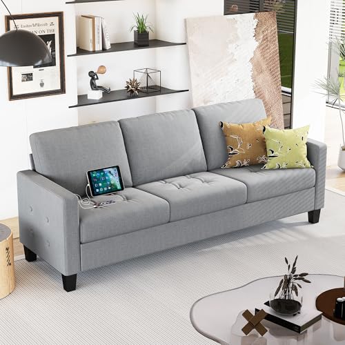 STHOUYN 73' W 3 Seater Couch with USB Ports, Grey Comfy Sofa Couches for Small Spaces, Mid Century Modern Couch Loveseat for Living Room, Bedroom, Apartment (Light Grey)