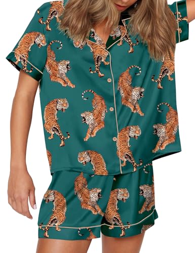 Image of SHESHOW Satin Pajamas for Women Set Preppy Animals Pjs Short Sleeve Shorts 2 Piece Loungewear Sets XS-XXL