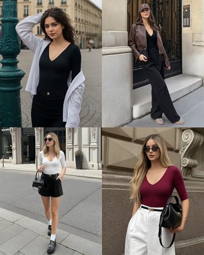 ALGALAROUND Women's V Neck Half Sleeve Bodysuit 3/4 Sleeve Slim Fitted Body Suit Sexy Going Out Shirts Tops Burgundy L - Image 4