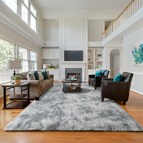 Tie Dyed Grey Fluffy 9x12 Area Rug for Living Room, Plush Shag Rugs for Bedroom, Large Soft Furry Carpets for Kids Room, Modern Indoor Nursery Carpet for Classroom Dorm Cozy Comfy Home Decor