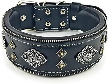Bestia Aztec Black Genuine Leather Big Dog Collar. Unique Rivet Design. Soft Padded