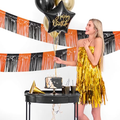 Image of 5 Pack 10 Feet Black Orange Foil Fringe Garland Tinsel Parade Float Fringe for Trailer Car Birthday Party Decoration Hanging Backdrop Banner Table Skirts