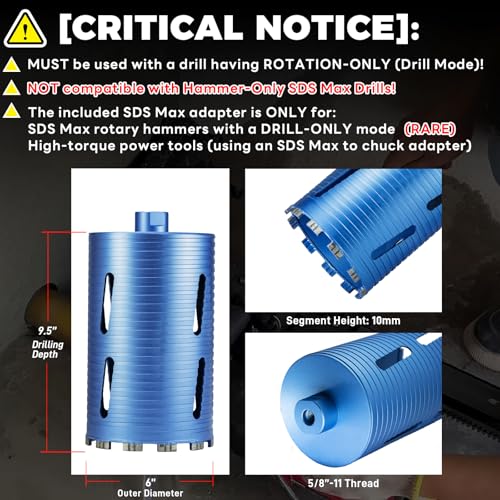 Image of 6 inch Core Drill Bit with 3 Adapters Included: SDS Plus, SDS Max and 1 /2 inch Hex Abor, 5 /8 inch-11 Thread, 9.5 inch Drilling Depth Dry Core Bits for Concrete Brick Block, Motar, Masonry (152mm)