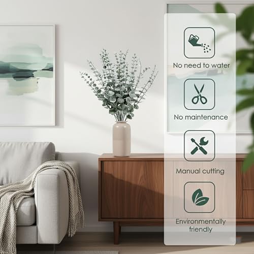 Image of CURATED CART Artificial Eucalyptus Stems Pack of 10 Realistic Green Leaves with Frosted Finish Flexible Fake Flowers Branches for Home Office Wedding Centerpiece Table Decor Christmas Decoration