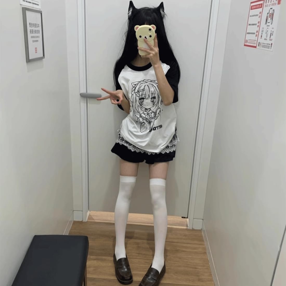 Kawaii Gothic Fashion Casual Crewneck Raglan Short Sleeve Cute Graphic Cartoon Girl with Cat Ears Print T-Shirt - Image 4