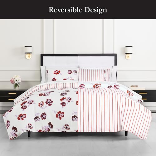 Image of kate spade new york Fall Poppies Full /Queen Comforter Set, 300 Thread Count and 100% Cotton, All Season 3 Piece Reversible Bedding Set, Machine Washable, White and Garnet