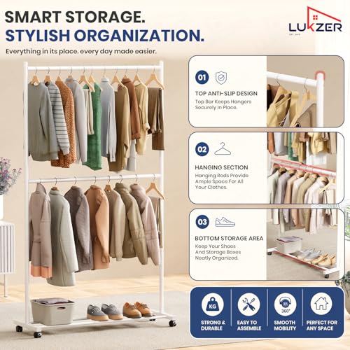 Image of Lukzer Double Rod Garment Rack with Wheels | MGS-006 / White | Heavy-Duty Metal Clothes Stand Organizer with Bottom Shelf | Rolling Clothing Rack for Bedroom, Laundry & Boutique (183 x 110 x 40 cm)
