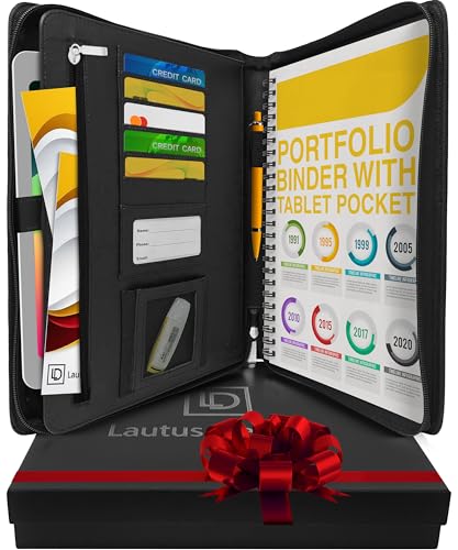 Black Zippered Leather Portfolio Binder - PU Leather Business Portfolio Organizer - Padfolio for Men & Women with US Letter Notepad, 10.5 Inch Tablet Pocket & Gift Box by Lautus Designs