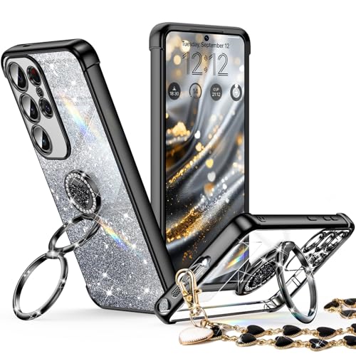 Image of XYZ for Galaxy S25 Ultra Case with Stand - Phone Case with Double Ring Kickstand - Bling Luxury Glitter Clear Phone Cases Heart for Women Girls, Black