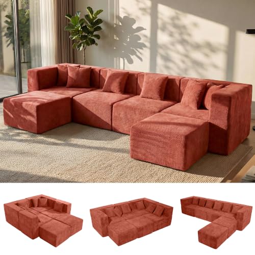 Image of MONVANE 130'' Oversized Boneless Sectional Couches for Living Room, 6-Seat U Shaped Cloud Couch, Modular Sofa with Ottoman & 6 Throw Pillows, Comfy Chenille, No Assembly Required, Red