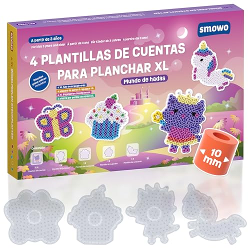 Smowo® Plantillas de Cuentas de 10 mm Mundo de Fantasía – Set con 4 Placas y Modelos – Unicornio, Princesa, Mariposa, Cupcake – Placas Maxi Grandes para Niños a Partir de 3 Años