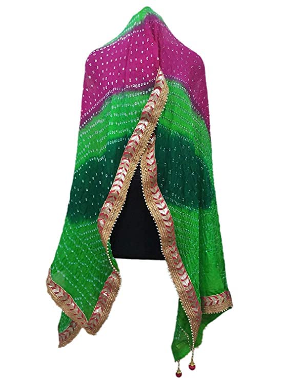 Image of Women's Jaipuri Art Silk Bandhej Rajasthani Bandhani Dupatta with Gota Patti Lace