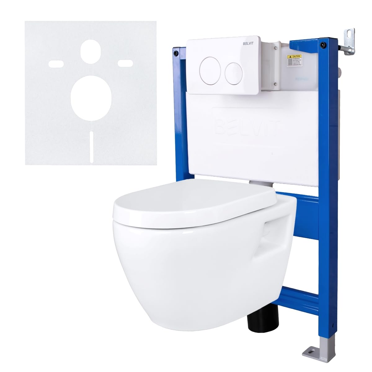 Belvit Inodoro de pared completo con elemento de pared de 75 – 82 cm, sin borde de lavado, inodoro colgante con asiento de cierre suave, cisterna empotrada, placa de pulsador, juego de inodoro para