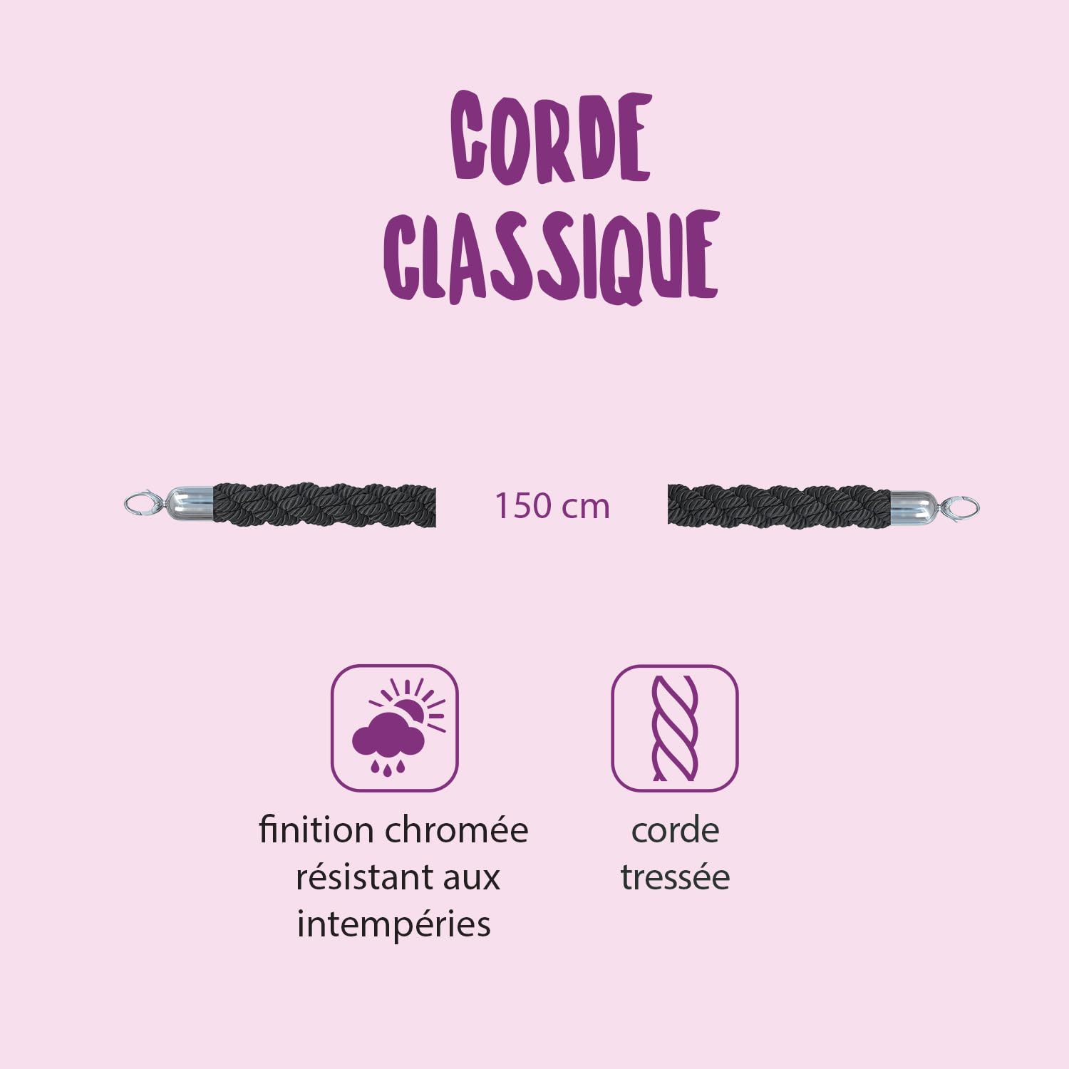 SECURIT - Corde Tressée pour Poteau d'Accueil Classic - Embouts Chromés