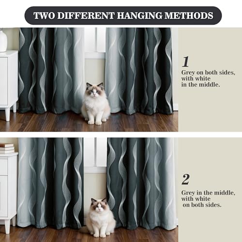 Image of MYSKY HOME 95% Blackout Grey and Greyish White Ombre Curtains 96 inch Long 2 Panels Set for Living /Dining Room Thermal Insulated Black Out Wave Line Foil Pattern Grommet Drapes, 52 inch W Each Panel