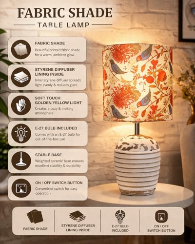 Image of Homesake Decorative Wooden Table Lamp for Living Room with E27 Holder|Bulb Included|Bedside Night Lamp, Table Lamp for Bedroom, Office |Ribbed Basket Design Home Decor Table Light, Birds Drum Shade