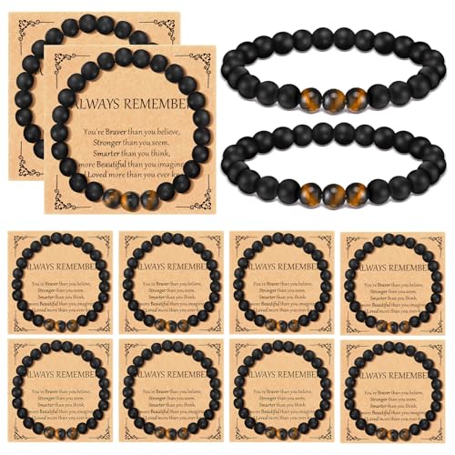 Landical 12 Pcs Bracelets Gift Bulk Inspirational Natural Stone Gifts Sweet Heart Beaded Bracelets with Cards Gift(Black and Gold Inspirational)