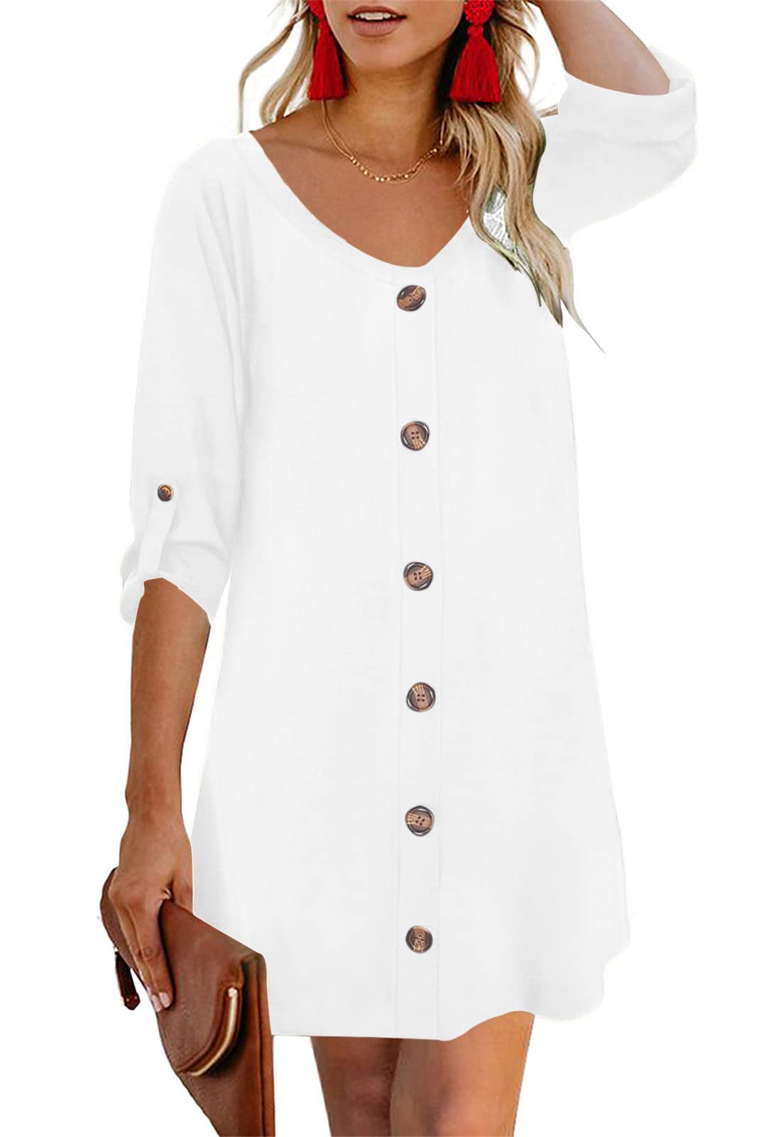 WNEEDUWomen's Summer Spaghetti Strap Button Down V Neck Casual Beach Cover Up Dress with Pockets