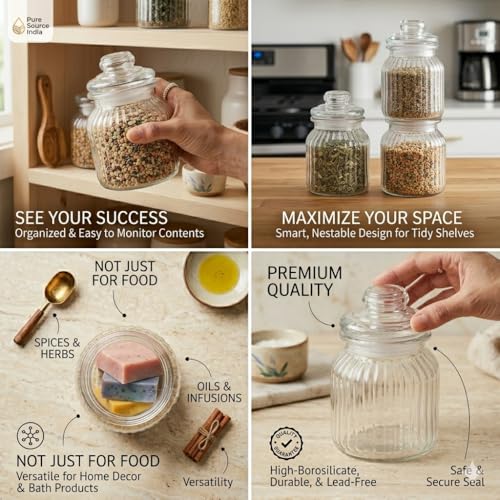 Image of Pure Source India Glass Storage Jar - 700 Ml, 1 Piece, Transparent for Coffee Station, Cookies, Kitchen, Bath bombs, multipurpose uses