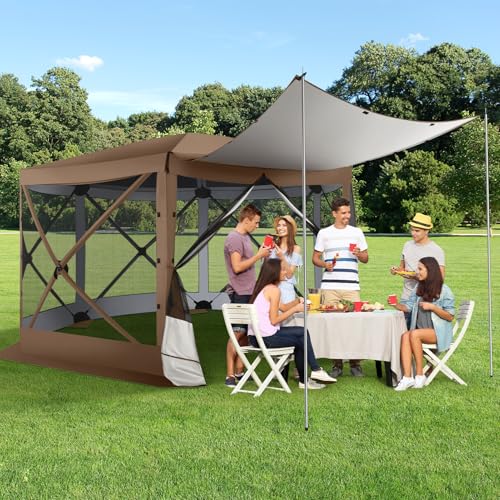 Image of COBIZI 12x12 FT Pop Up Canopy Extendable Tent, Gazebos On Clearance, Screened in Gazebo,Screen Tents Portable carpas para Patio for Outdoor Camping,Backyard, Garden, Brown(Upgraded)