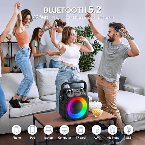 Image of Karaoke Machine, Portable Bluetooth Speaker with 2 Wireless Microphones for Adults & Kids with Lights, Karaoke Microphone with PA System Supports USB /TF /FM /AUX for Home Party Home System Packages