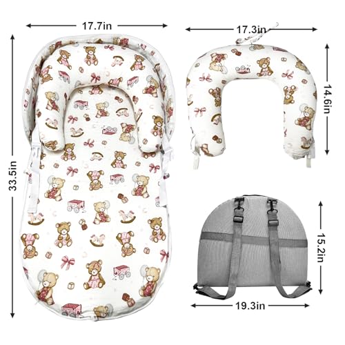 Image of Baby Lounger, Foldable Portable Waterproof Baby Nest Cover, 0-24 Months Newborn Tummy Time Training & Seating Support Pillow, Dual-Use Breathable Infant Lounger Backpack for Home & Travel (Pink Bear)