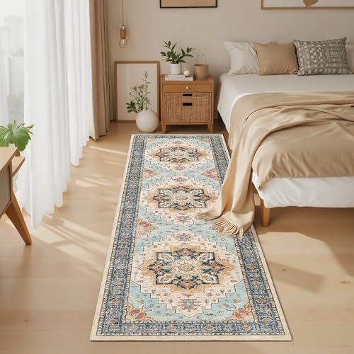 Madane Runner Rug 2x8, Washable Hallway Runner Rugs, Non-Slip Low-Pile Soft Kitchen Rug Runner Laundry Room Rug, Vintage Throw Entry Foyer Mat for Entrance Living Room (Orange/Blue, 2 x 8)