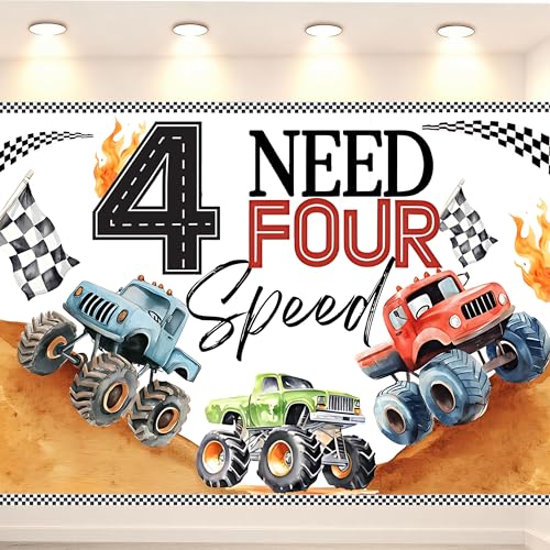 Truck 4th Birthday Backdrop Banner Party Need four speed for Boys 4 year old Party Decorations Supplies Racing Car 4th Birthday Party Banner Photo Background.