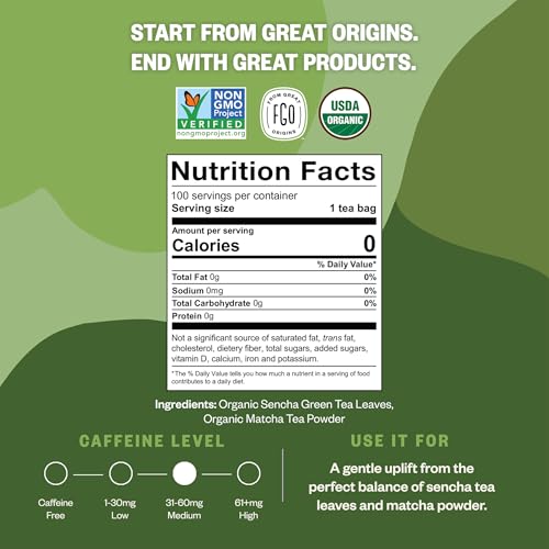 Image of FGO Organic Japanese Matcha + Green Tea, 100 Count, Eco-Conscious Tea Bags, Resealable Bag, Packaging May Vary (Pack of 1)