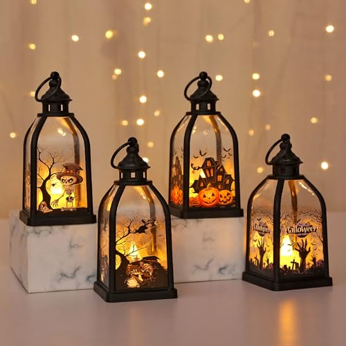 4 Pezzi Lanterna Halloween, Lampada da Strega Autunnale con Batteria, Zucca Luminosa LED Lanterna Luci Ghost Witch Pumpkin Lamp, Luci Halloween Decorazioni Interno Esterno Giardino (C4)