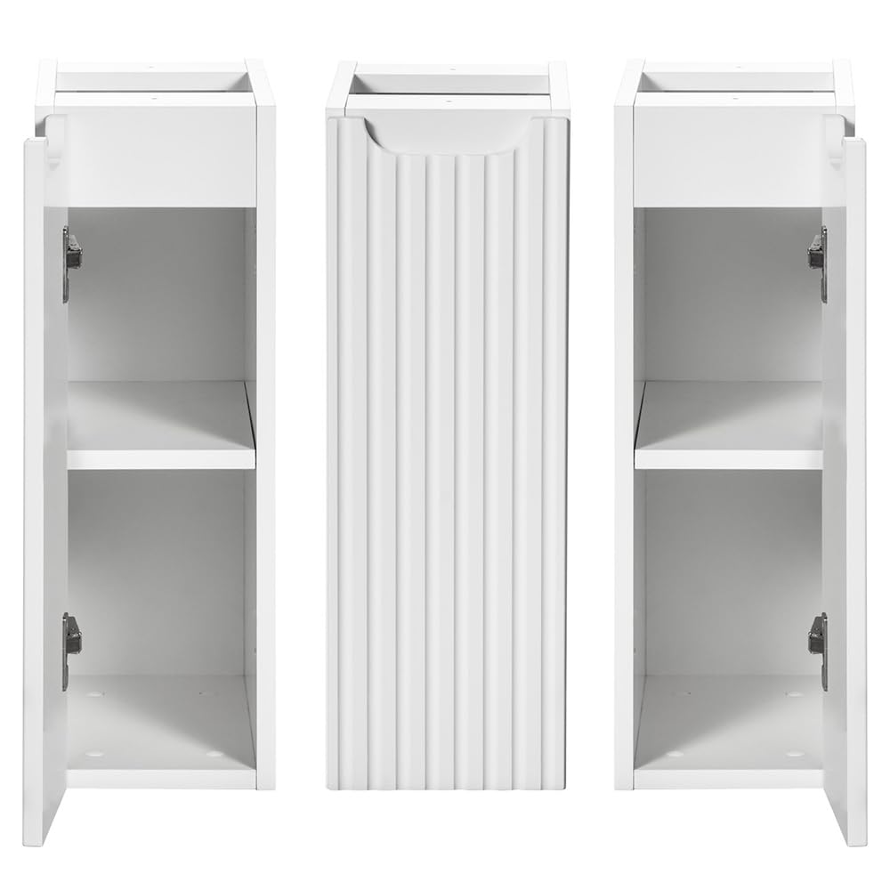 Lomadox Badezimmer Badmöbel Set 3-teilig mit 80cm Waschtisch, weiß und Eiche mit gerillter Front | inkl. LED-Spiegel, Keramikwaschbecken, Hochschrank