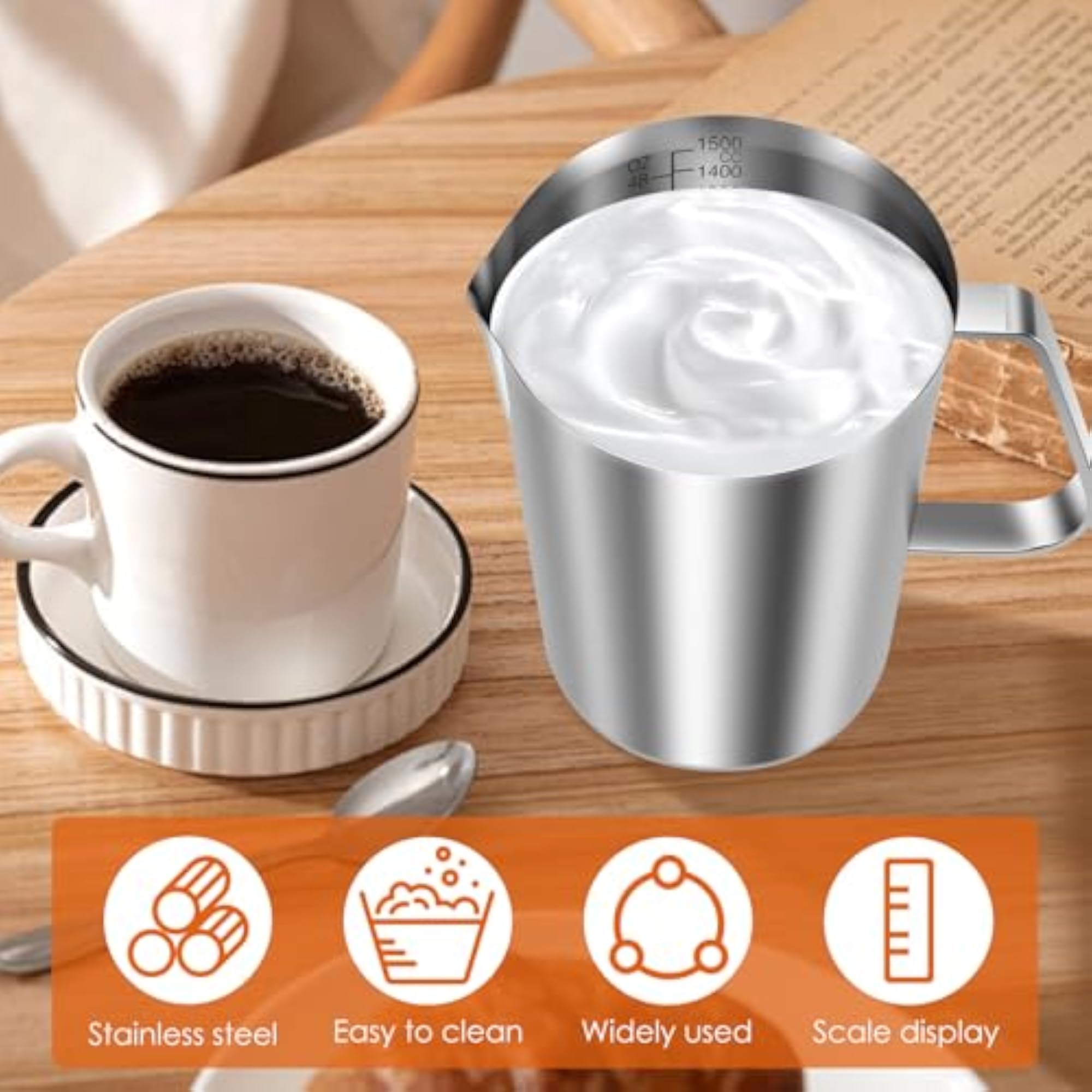 1500ml Stainless Steel Milk Jug with Clear Marking